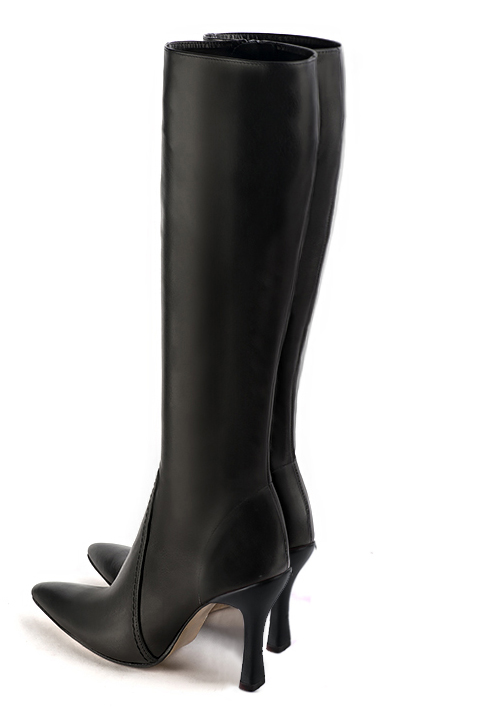 Satin black women's feminine knee-high boots. Tapered toe. Very high spool heels. Made to measure. Rear view - Florence KOOIJMAN